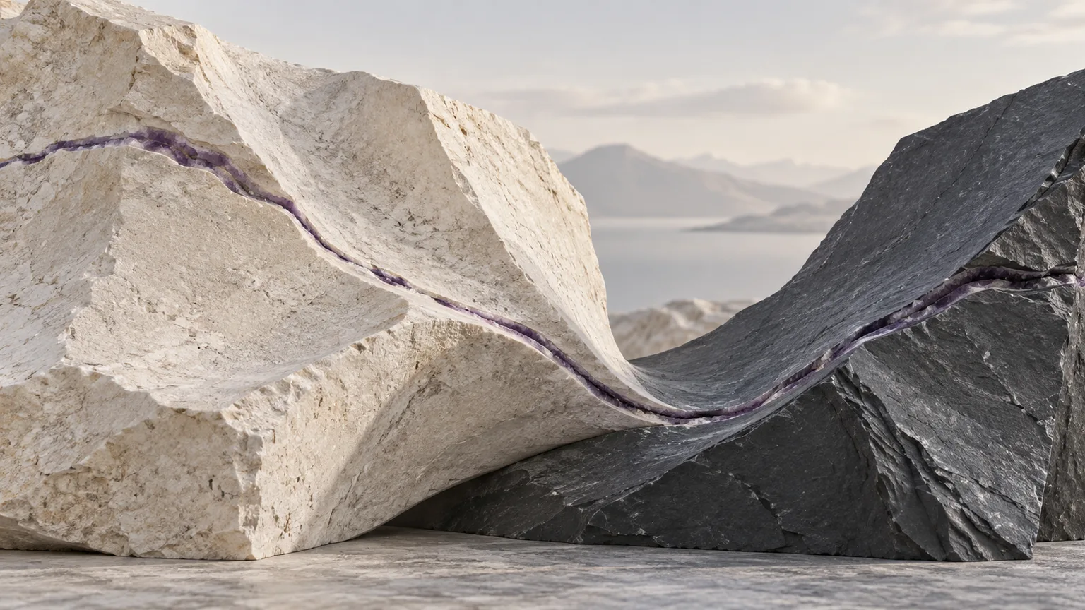 Pale limestone and dark graphite surfaces joined by a violet mineral seam, illustrating light and dark workspace choices.