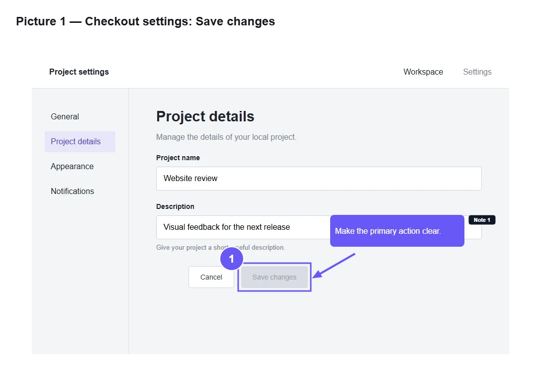 Actual exported PNG of the project settings example, with a fitted rectangle around Save changes, an arrow and a numbered callout.
