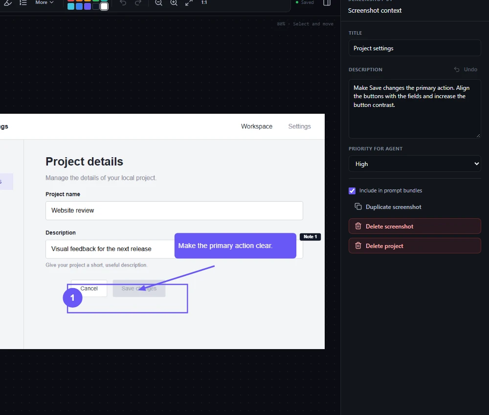 Close view of the actual Imnota canvas and inspector, showing annotations alongside the screenshot description and agent priority.