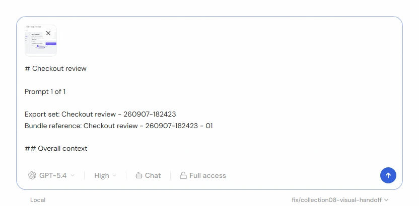 A coding tool composer with the exported image attached and the matching Markdown pasted in.