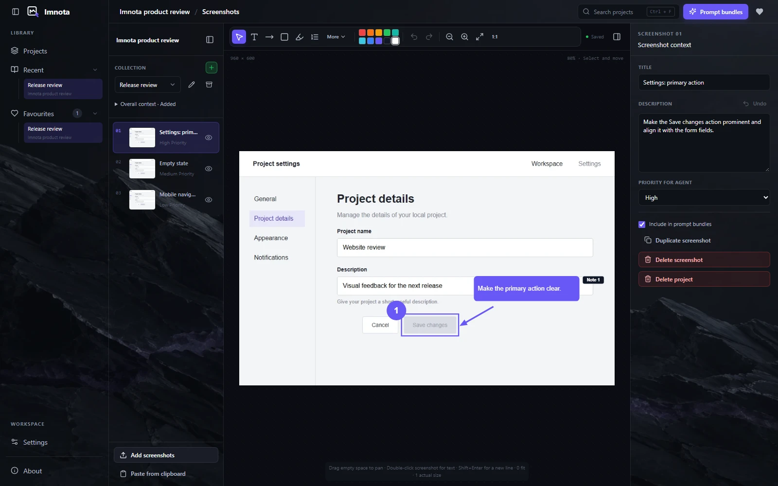 Actual Imnota 0.2.4 workspace showing a screenshot collection, annotation canvas and description inspector.