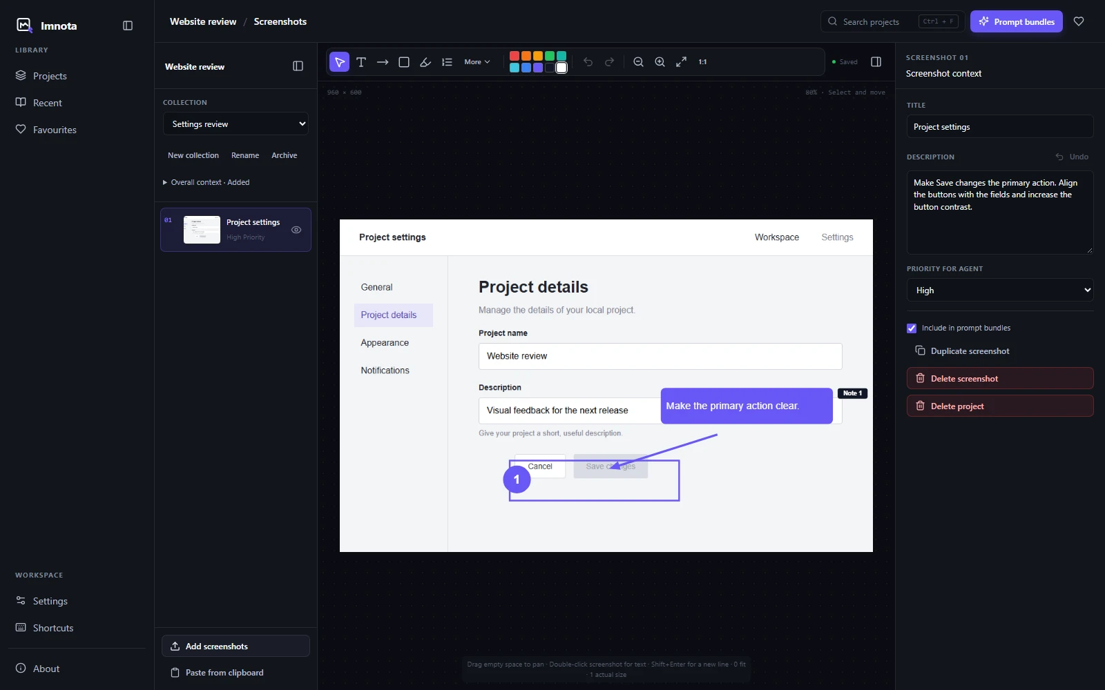 Imnota workbench with a collection rail, annotated project settings screenshot and inspector with a description and High agent priority.