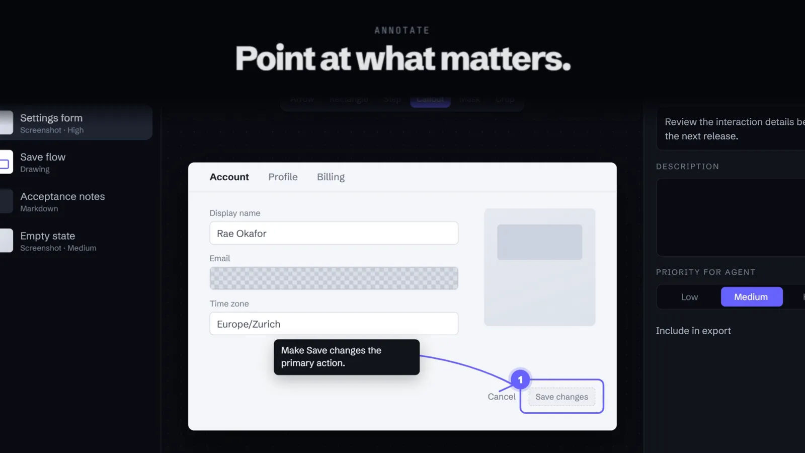 Imnota with a collection of screenshots, a drawing and Markdown notes. The selected screenshot is annotated with a mask, a box around Save changes, an arrow, a numbered step and a callout.